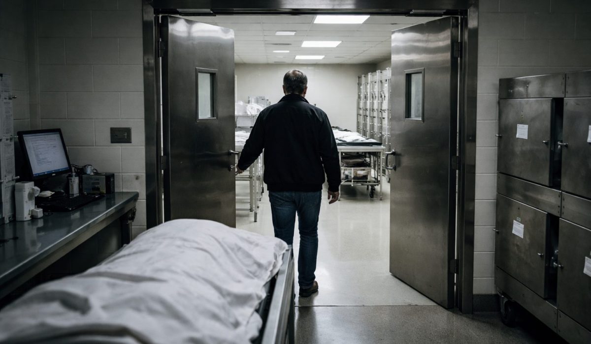 Entrée dans une morgue hospitalière avec portes métalliques ouvertes et espace de recueillement en arrière-plan