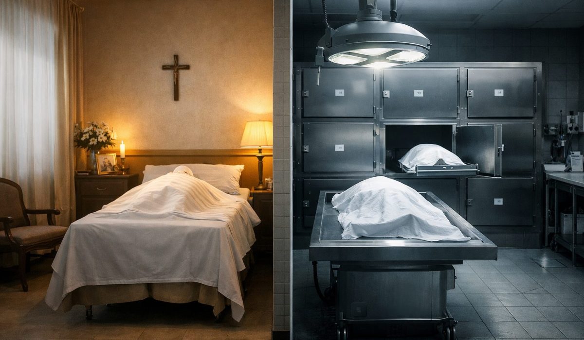 Différence entre une chambre mortuaire et une morgue dans une illustration ultra réaliste montrant un espace de recueillement à gauche et un environnement médico-légal à droite