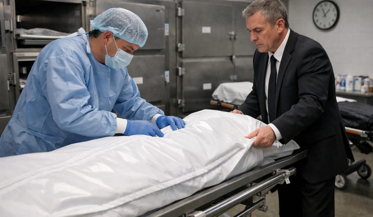 Préparation du transfert du défunt en chambre mortuaire par des professionnels funéraires