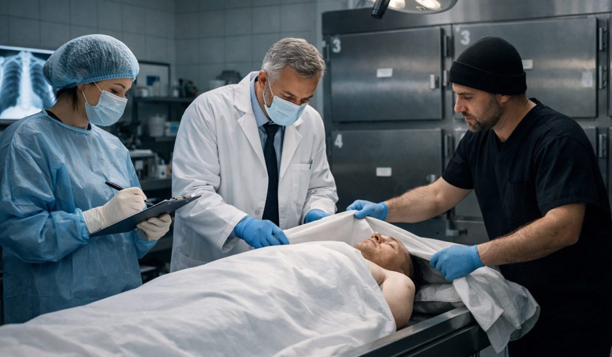 Personnel travaillant dans la morgue d’un hôpital autour d’un défunt dans un service mortuaire hospitalier