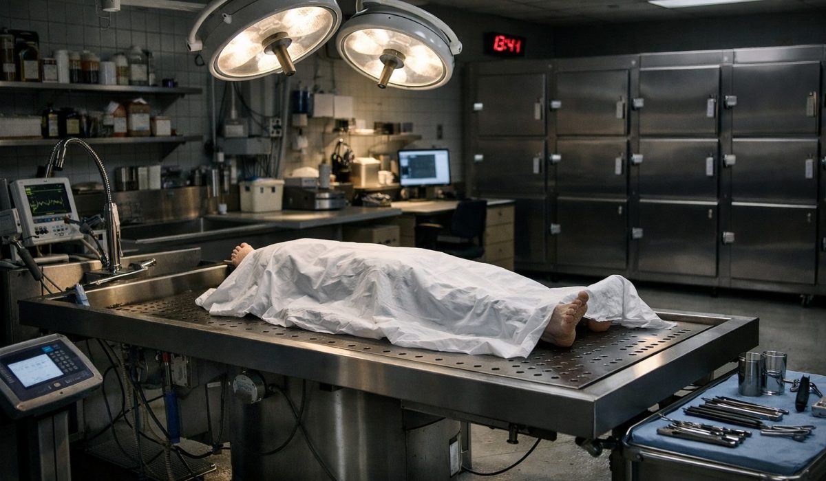 Morgue technique ultra réaliste avec table de préparation, équipements médicaux et compartiments réfrigérés