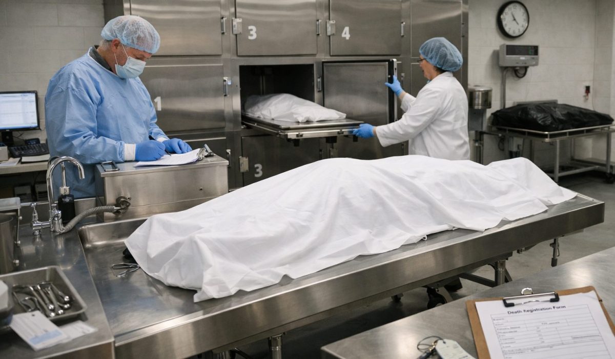 Chambre mortuaire d’hôpital après un décès hospitalier avec personnel médical et espace de conservation du défunt