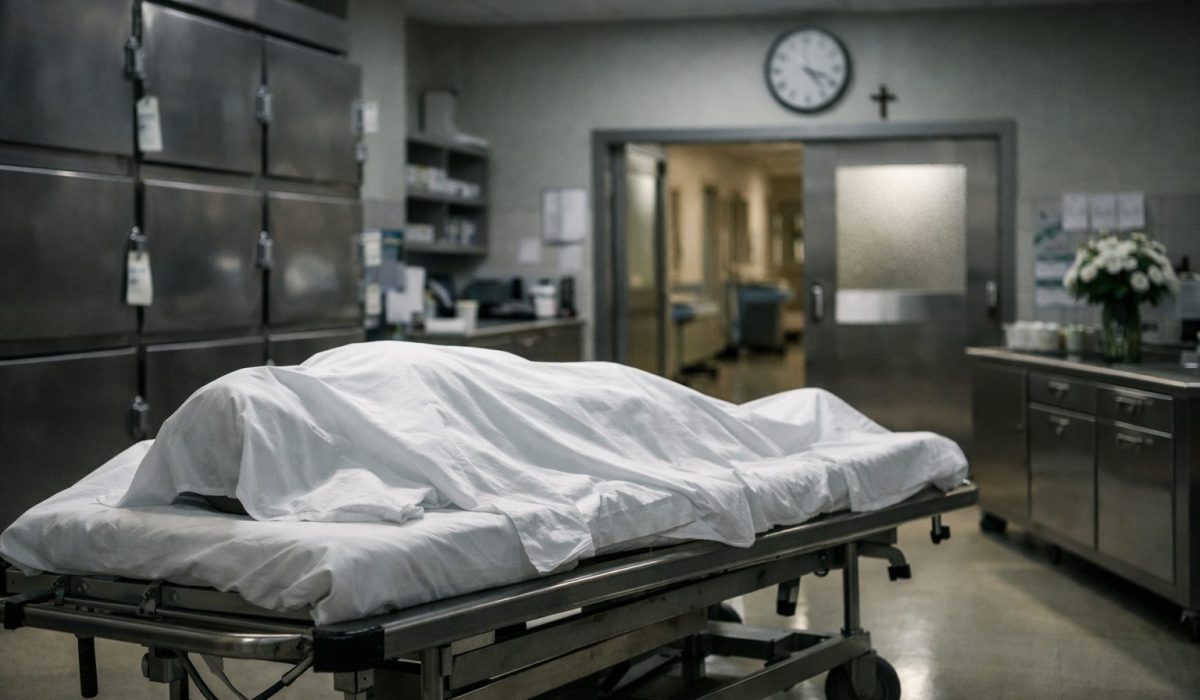 Salle de chambre mortuaire à l’hôpital avec brancard recouvert d’un drap blanc, espace sobre et médicalisé