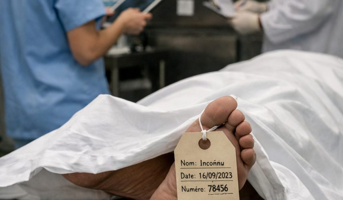 Personnel hospitalier assurant la traçabilité d’un défunt en chambre mortuaire avec étiquette d’identification, documents de suivi et contrôle administratif