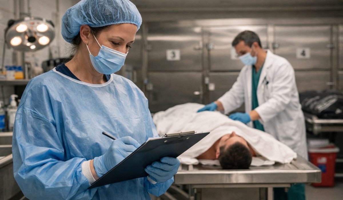 Professionnels de santé dans une chambre mortuaire d’établissement de santé lors de la gestion et de la prise en charge d’un défunt