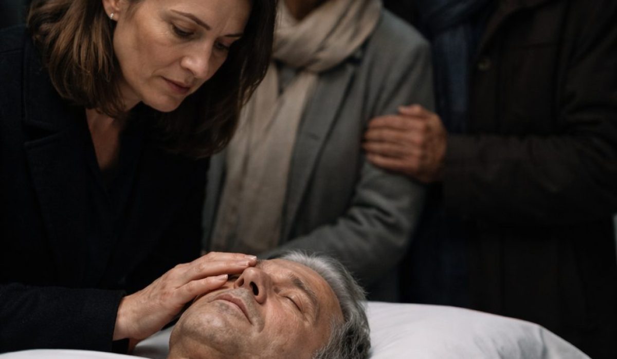 Femme se recueillant auprès d’un proche décédé dans une morgue, entourée de membres de la famille