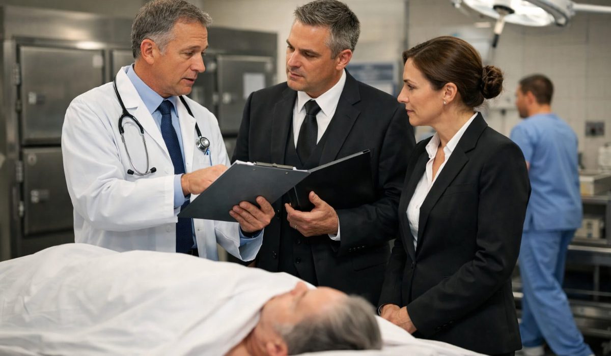 Médecin hospitalier échangeant avec des conseillers funéraires dans une chambre mortuaire pour organiser la prise en charge d’un défunt