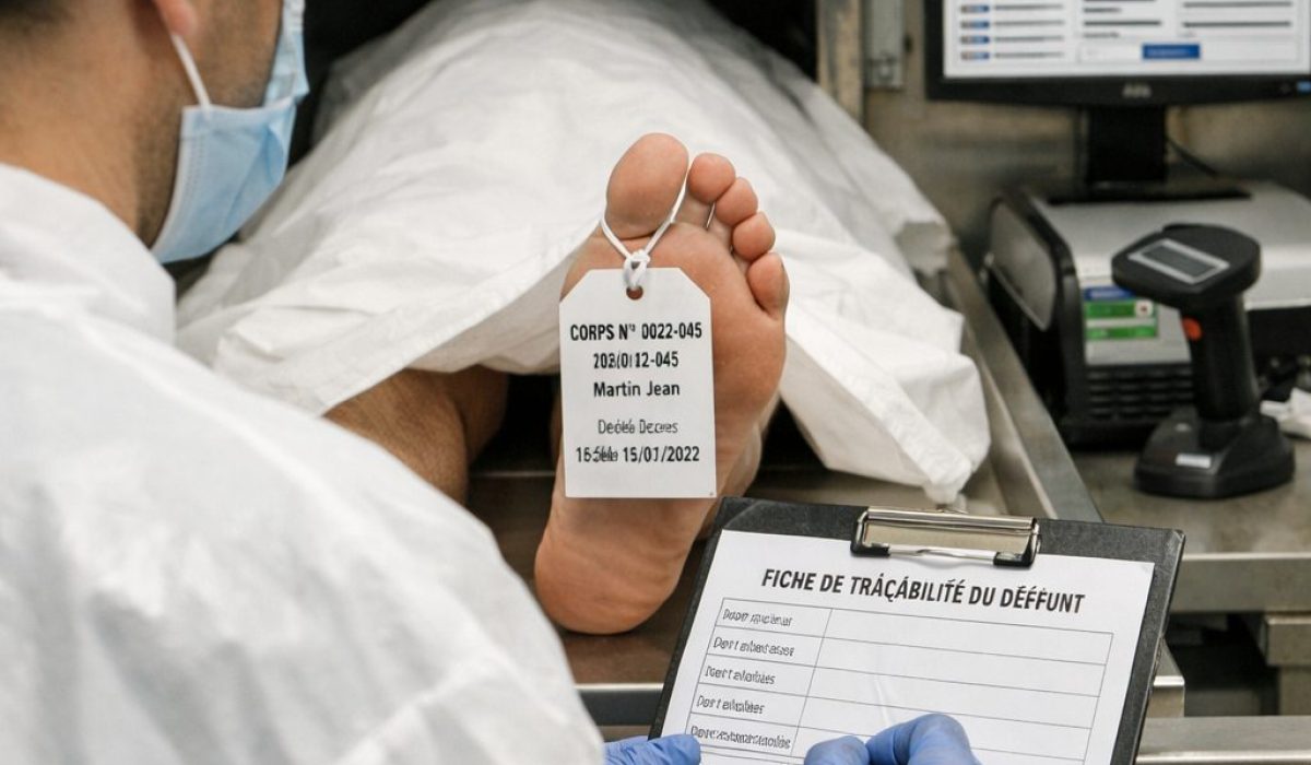 Agent de morgue remplissant une fiche de traçabilité du défunt dans une chambre mortuaire