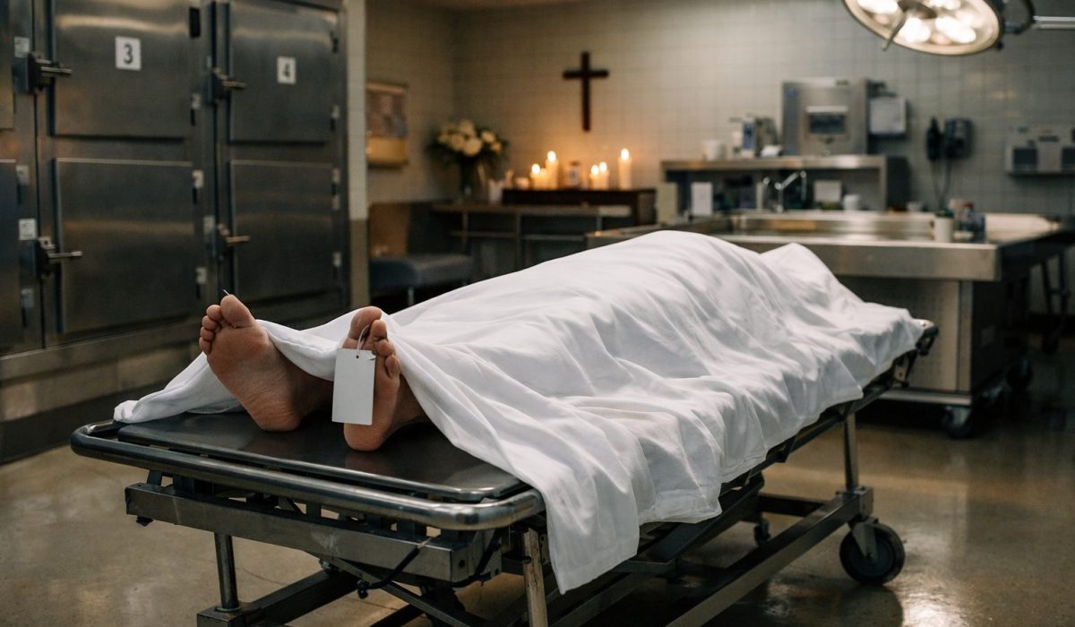 Chambre mortuaire dans un hôpital avec un brancard recouvert d’un drap blanc dans un espace médical calme et sobre