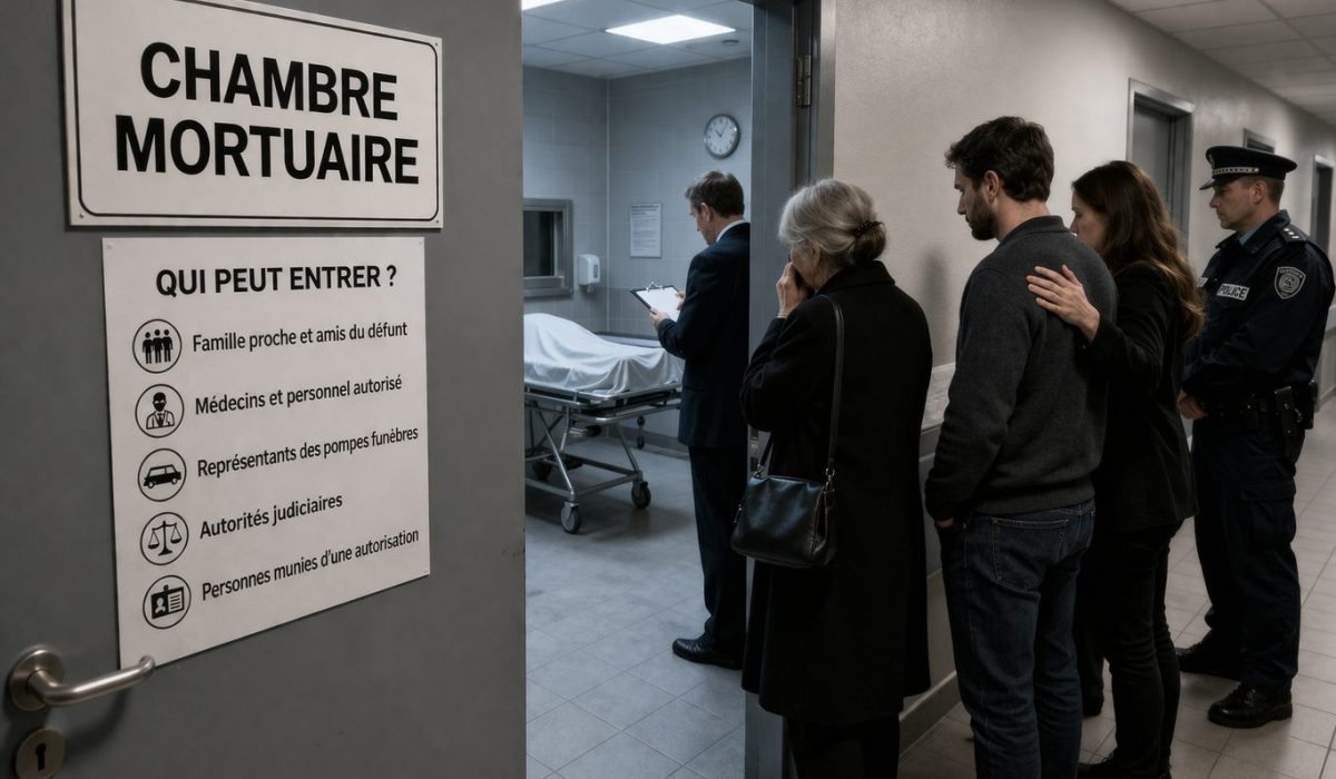 Famille et personnel autorisé devant l’entrée d’une chambre mortuaire dans un hôpital