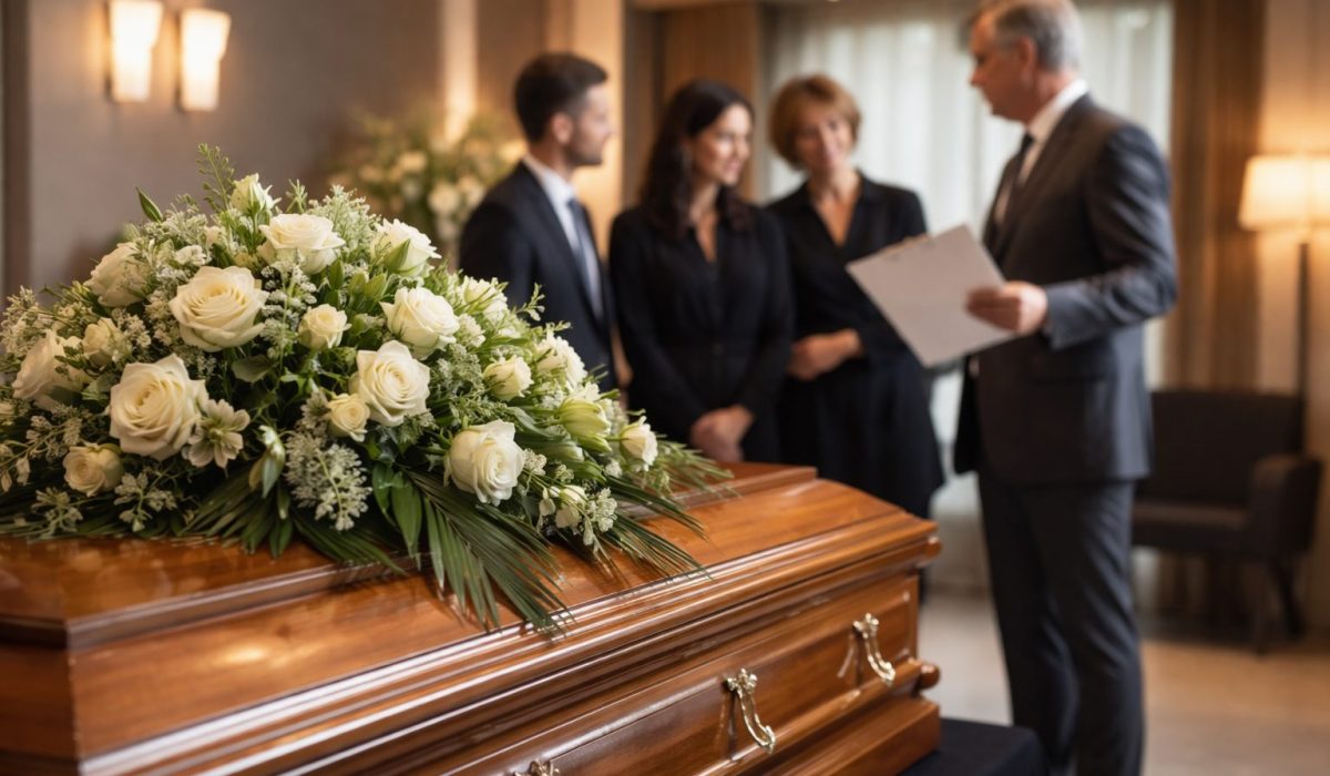 Famille échangeant avec un conseiller funéraire devant une chambre funéraire après un décès