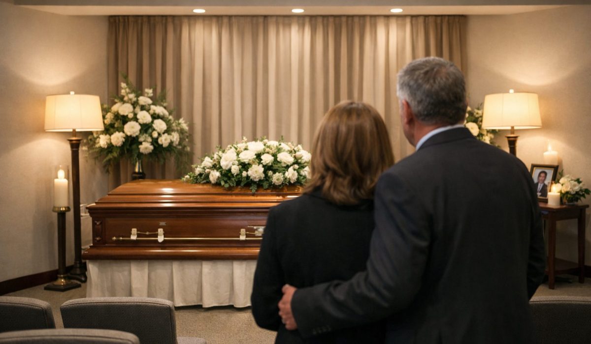 Famille en recueillement dans une chambre funéraire propre, sobre et parfaitement entretenue