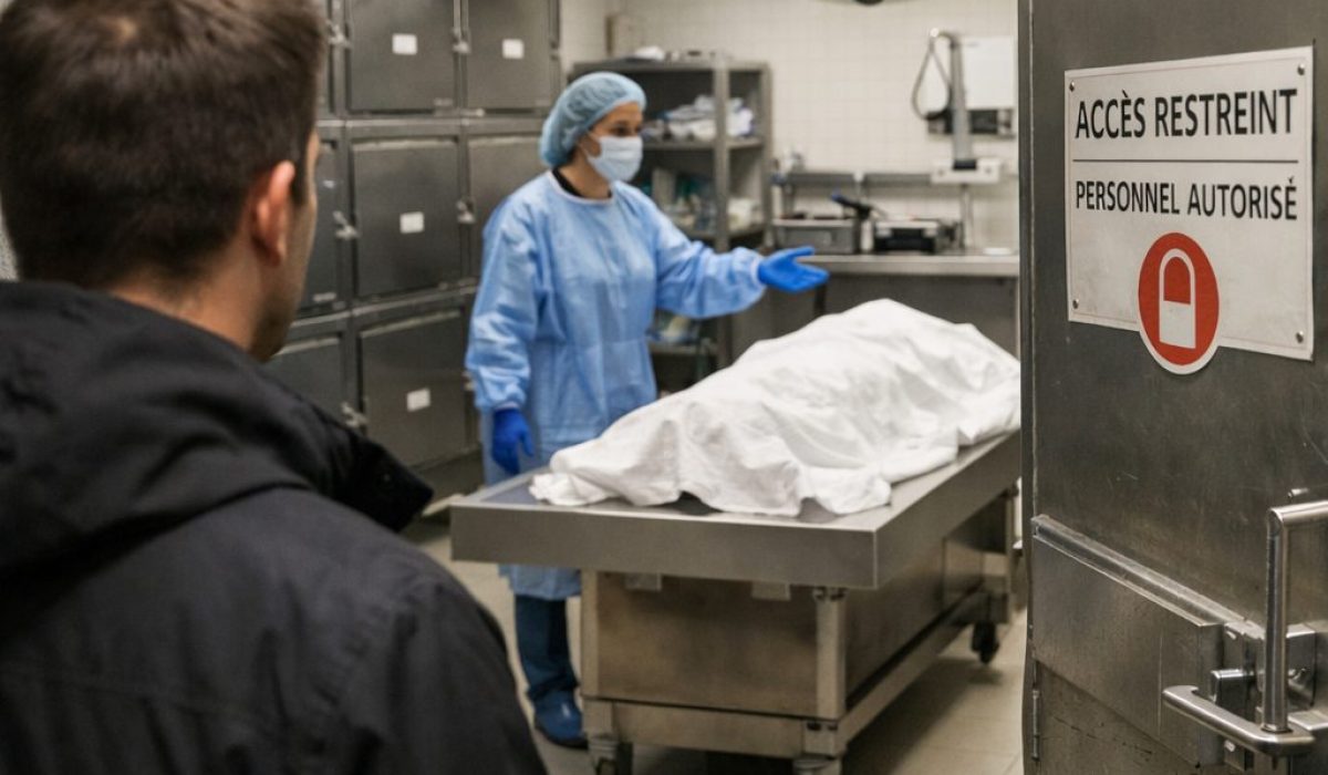 Entrée de la morgue d’un hôpital avec agent hospitalier et espace de recueillement