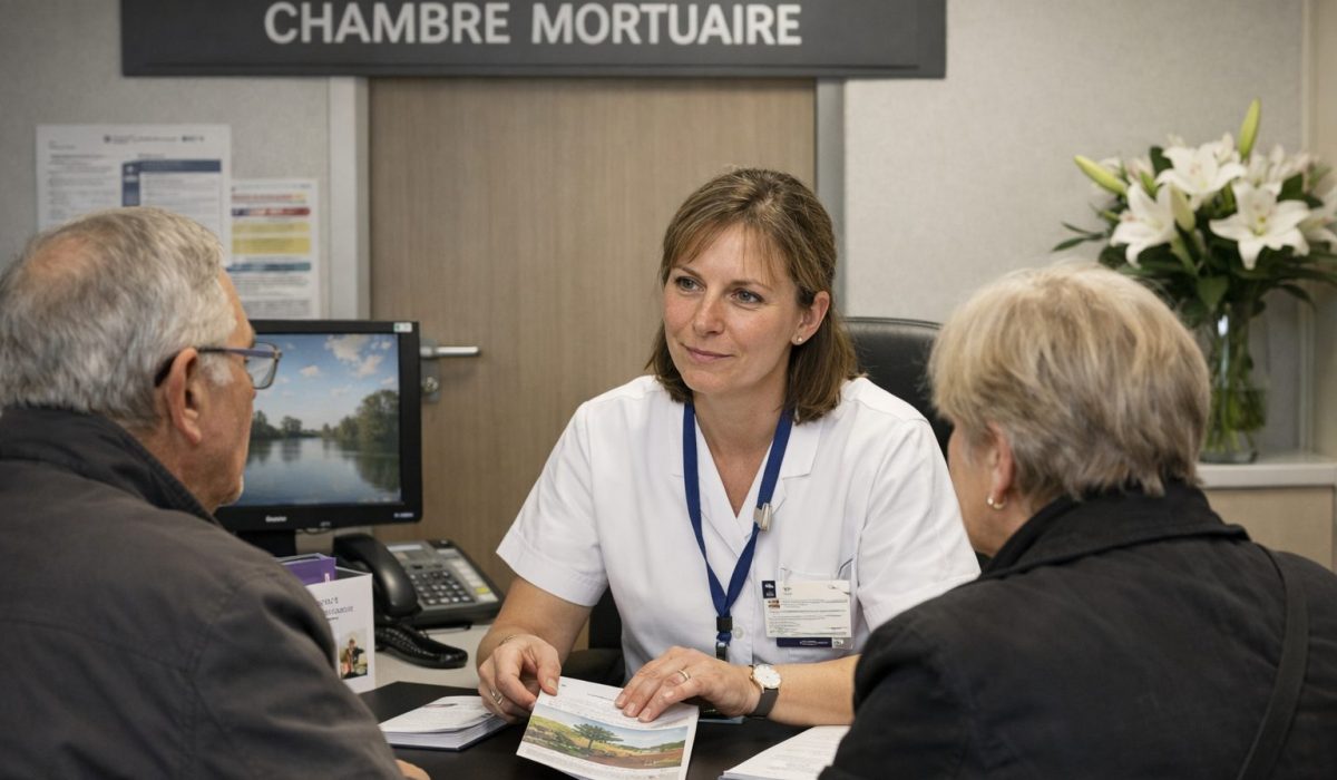 Agente hospitalière renseignant une famille sur la chambre mortuaire dans un hôpital