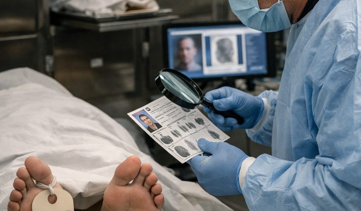 Technicien de morgue procédant à l’identification d’un corps dans un environnement médico-légal