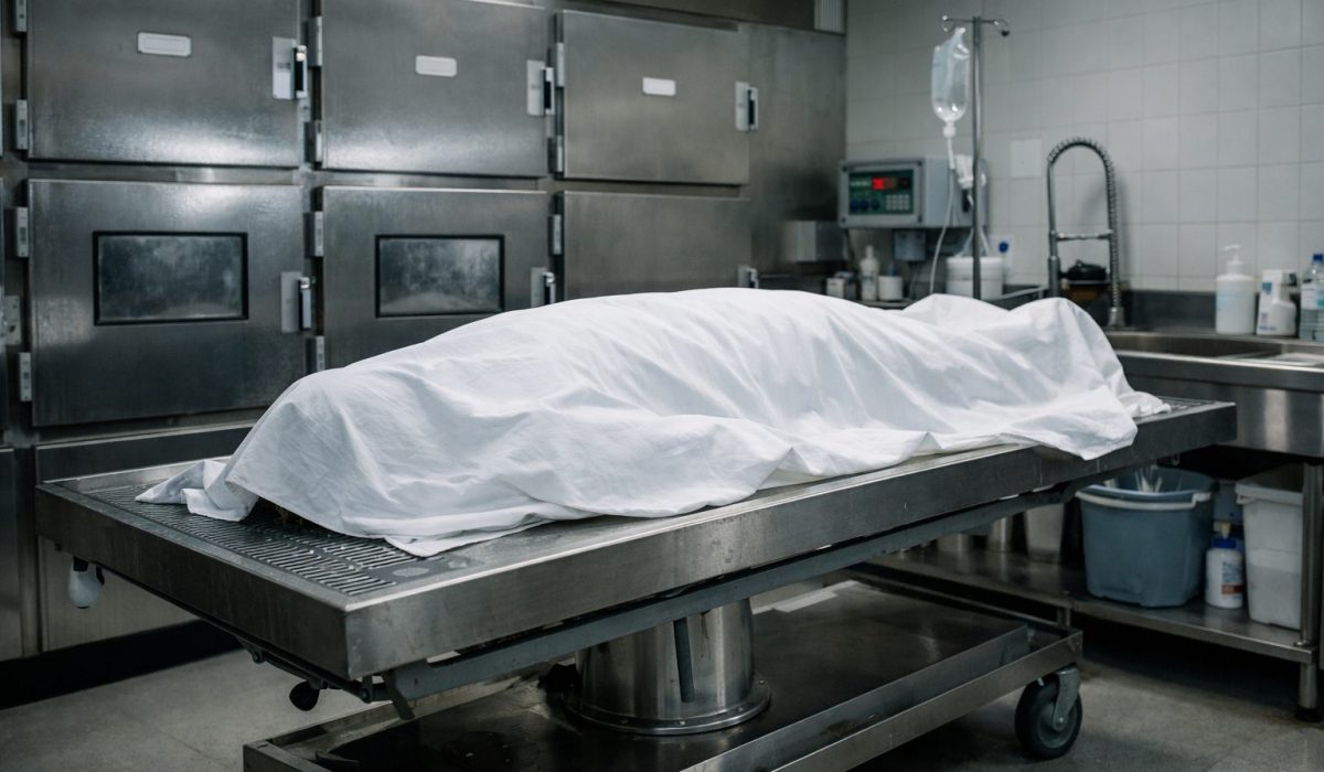 Chambre mortuaire avec corps recouvert d’un drap blanc sur une table réfrigérée de conservation