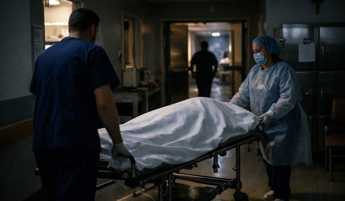 Personnel hospitalier transférant un défunt sur un brancard dans un couloir d’hôpital la nuit