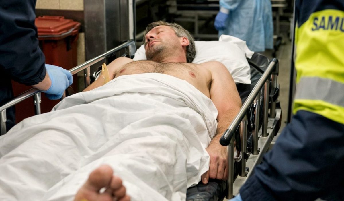 Transport d’un défunt sur un brancard avant son arrivée à la morgue dans un couloir hospitalier