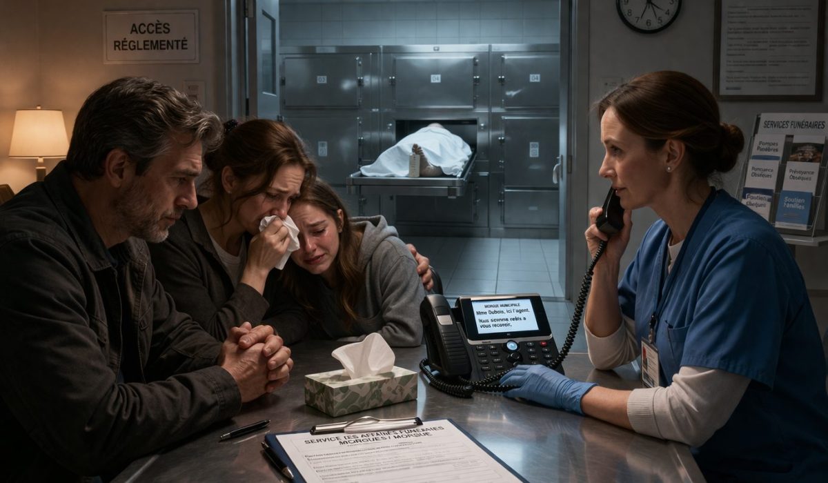 Famille en deuil reçue dans une salle de consultation de morgue pour obtenir des informations sur les démarches après un décès