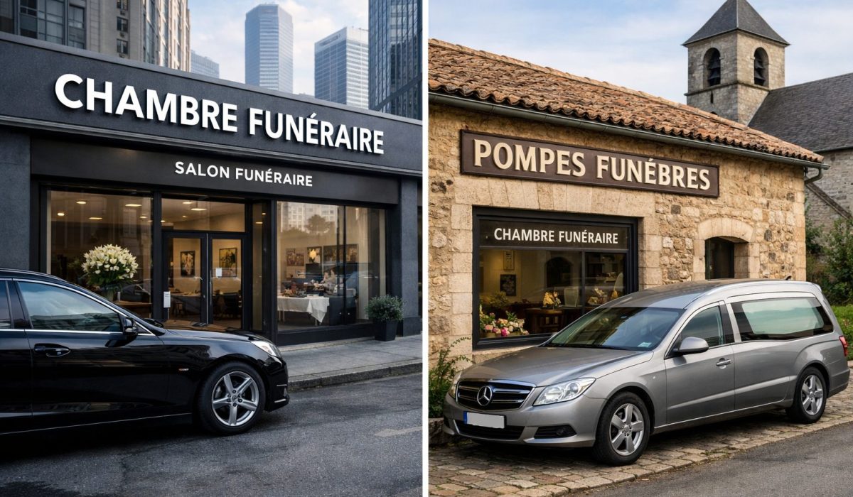 Comparaison entre une chambre funéraire en ville et une chambre funéraire en zone rurale illustrant les différences de tarification selon les communes