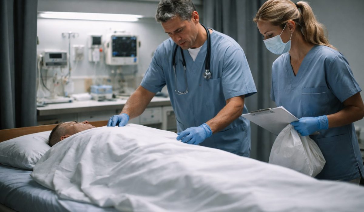Personnel hospitalier prenant en charge un défunt dans une chambre d’hôpital après un décès