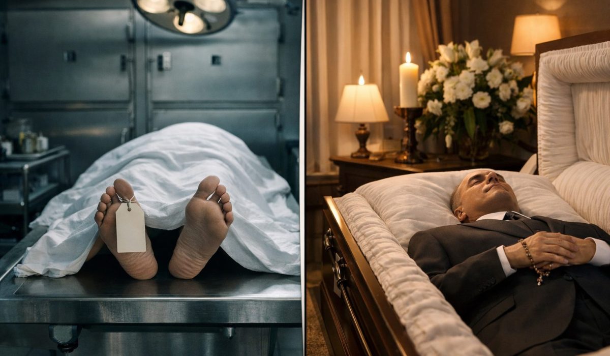 Différence entre une morgue et une chambre mortuaire avec une scène froide en salle technique et un espace funéraire plus apaisé