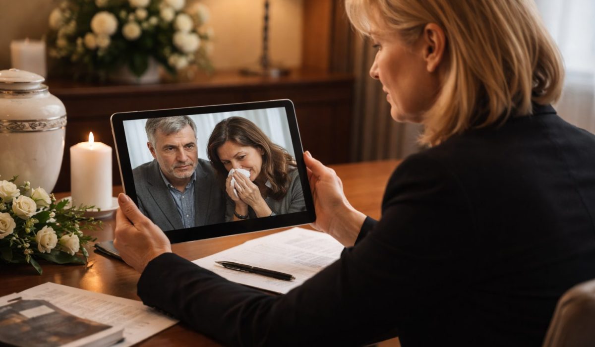 Conseillère de pompes funèbres accompagnant une famille à distance par visioconférence dans le cadre de l’organisation d’obsèques