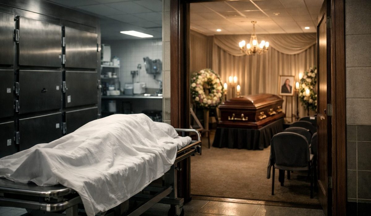 Illustration ultra réaliste montrant le passage d’une chambre mortuaire vers une chambre funéraire