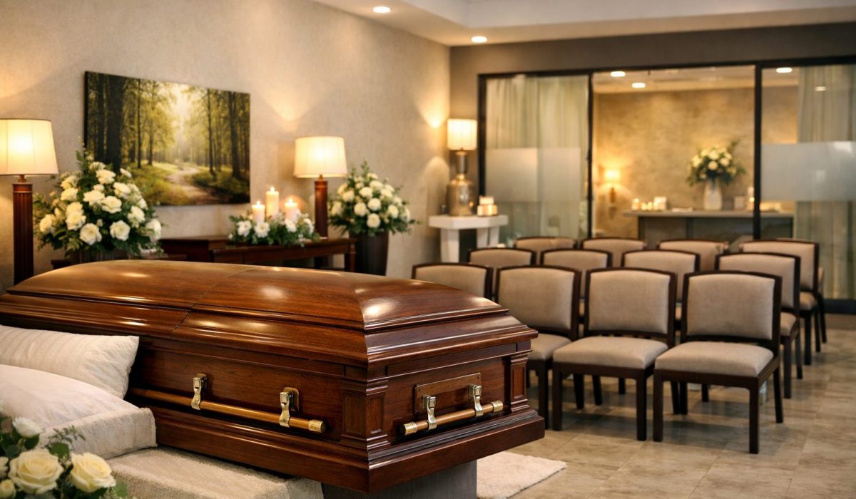 Chambre funéraire bien tenue avec cercueil en bois, sièges alignés, fleurs blanches et ambiance soignée renforçant l’image professionnelle des pompes funèbres