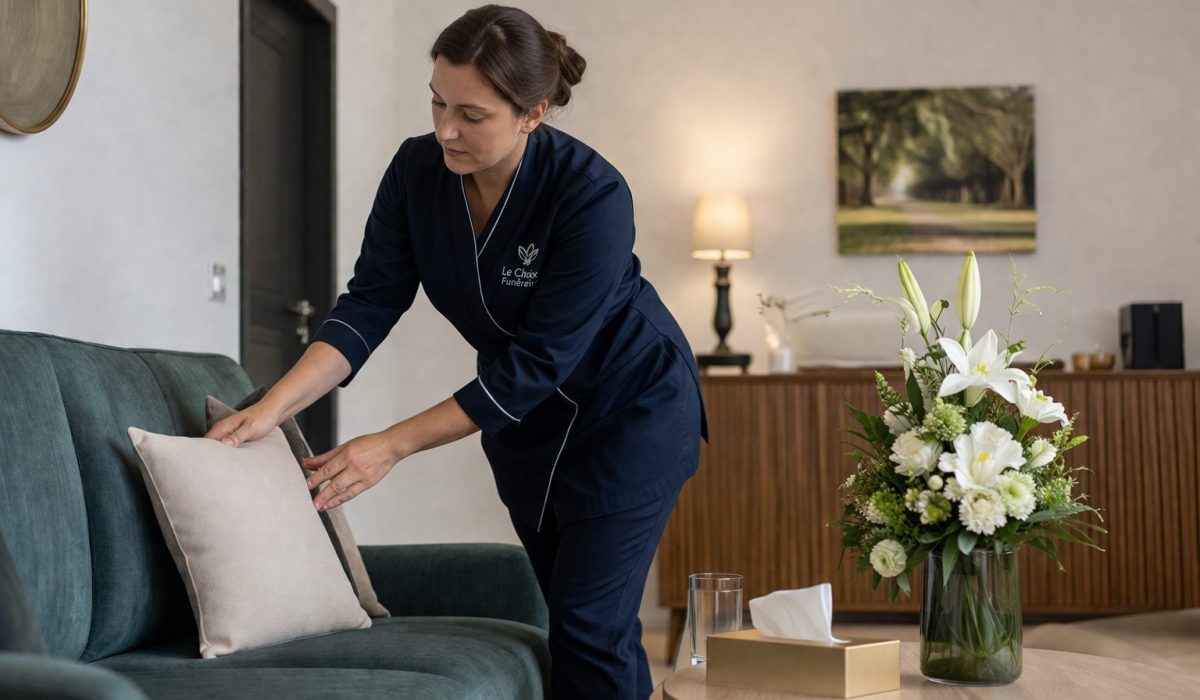 Professionnelle préparant un salon de chambre funéraire avant l’arrivée d’une famille avec fleurs, éclairage doux et espace de recueillement soigné