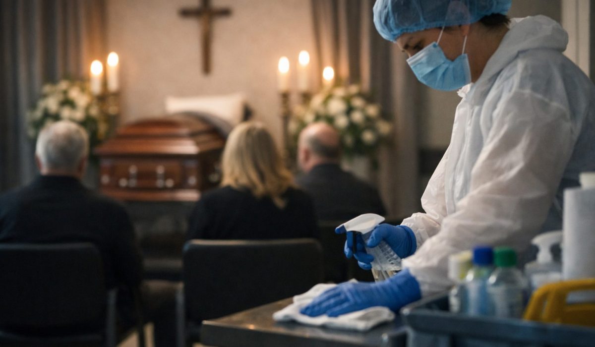 Agent d’entretien nettoyant discrètement une chambre funéraire pour préserver le recueillement des visiteurs