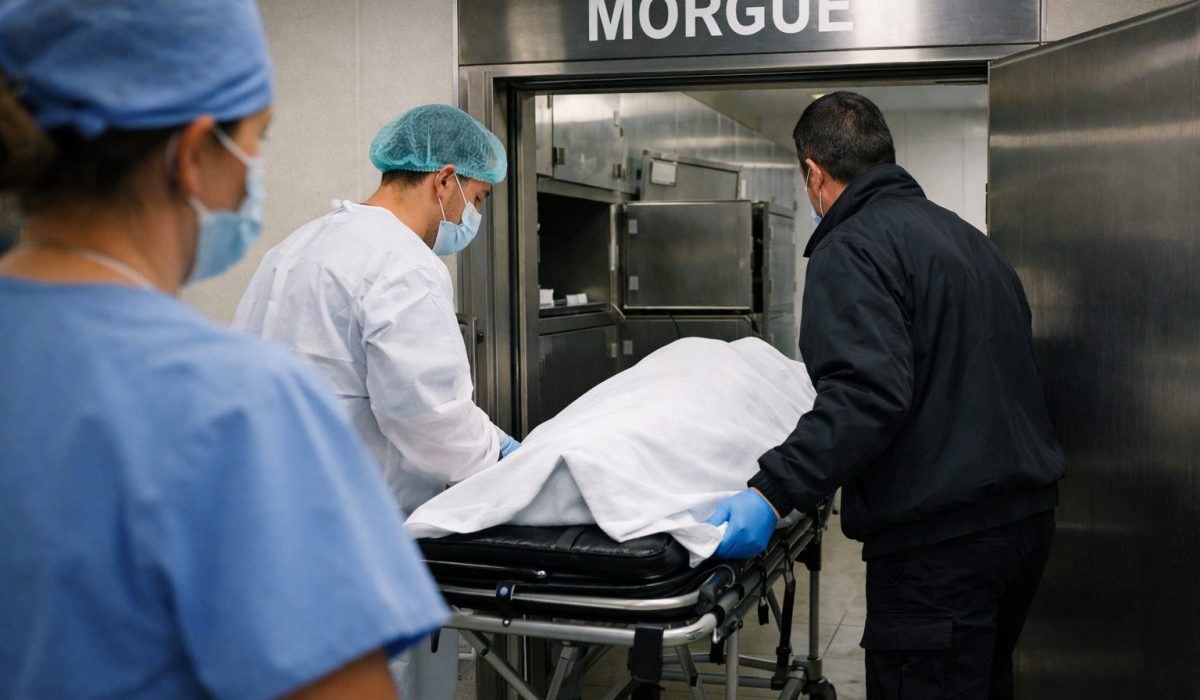 Transfert d’un défunt de l’hôpital vers la morgue par le personnel hospitalier dans un couloir médicalisé