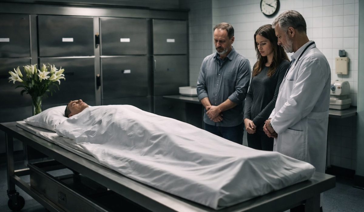 Famille en recueillement dans une chambre mortuaire après un décès à l’hôpital