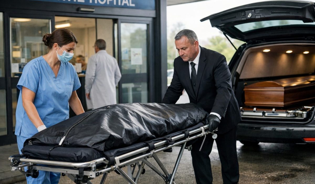 Organisation du transfert d’un défunt entre l’hôpital et la chambre funéraire avec personnel soignant et agent funéraire