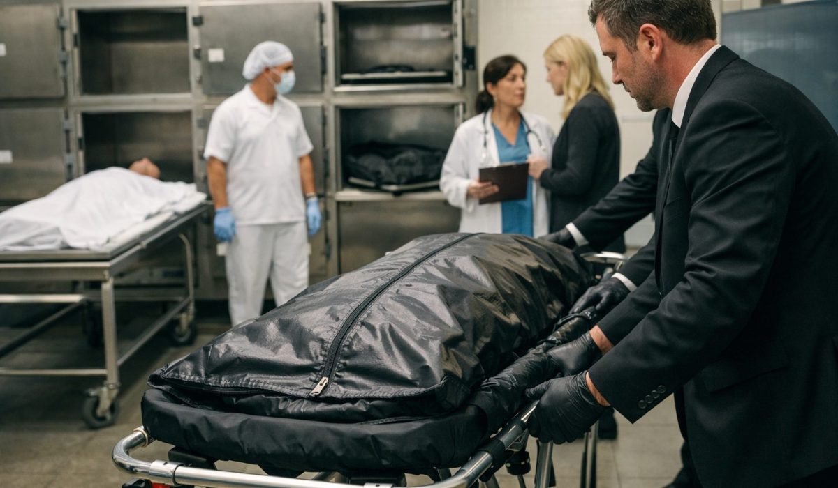 Agents de pompes funèbres intervenant dans une chambre mortuaire d’hôpital après la prise en charge initiale du défunt par l’établissement