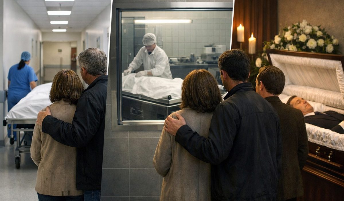 Famille suivant le parcours d’un défunt entre hôpital, morgue et chambre funéraire dans une scène réaliste et sobre