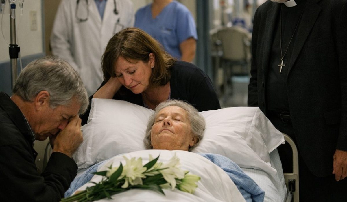 Famille en recueillement autour d’un défunt à l’hôpital au début du parcours funéraire