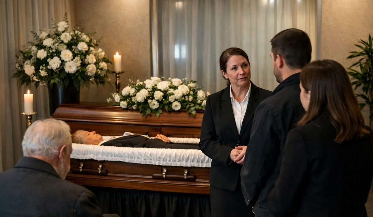 Famille en recueillement dans une chambre funéraire avant les obsèques