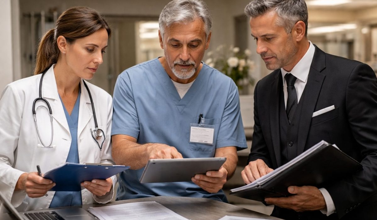 Échange d’informations entre un médecin hospitalier, un agent de chambre mortuaire et un conseiller funéraire lors de la prise en charge après un décès