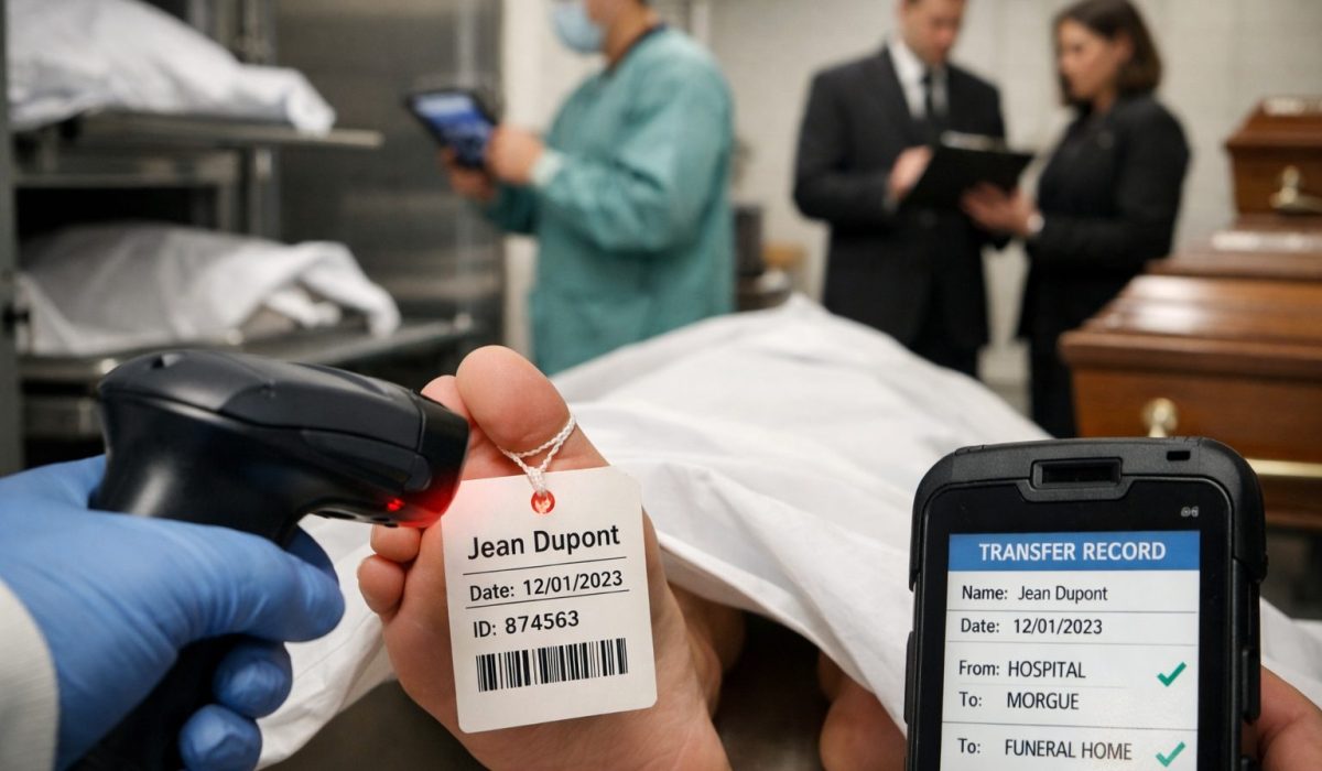 Illustration réaliste de la traçabilité entre hôpital, morgue et pompes funèbres avec contrôle d’identité du défunt et suivi du transfert