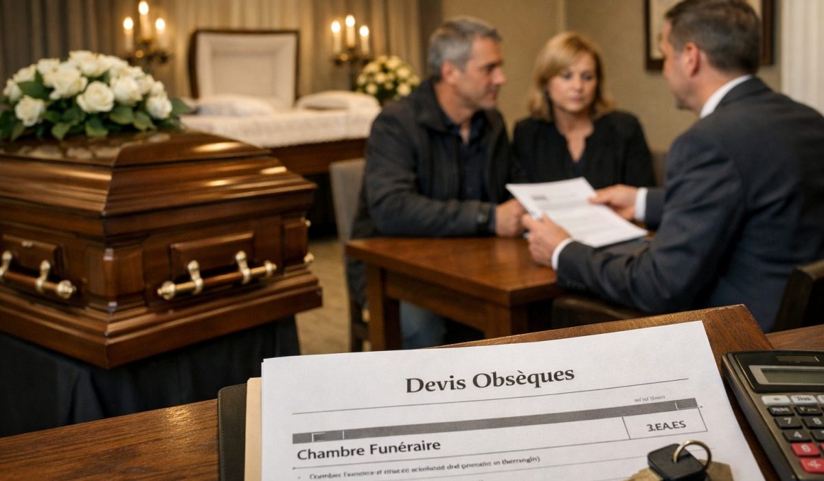 Devis de pompes funèbres incluant la chambre funéraire présenté à une famille dans un funérarium
