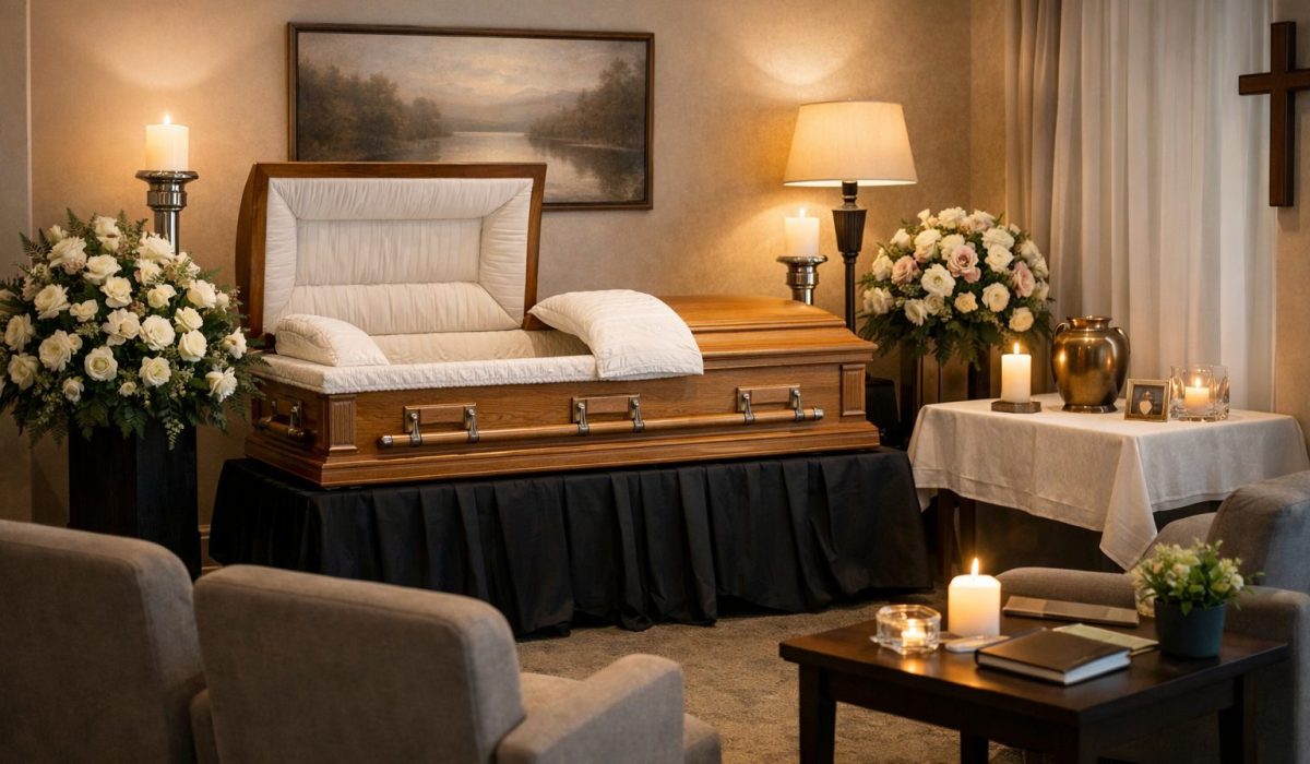 Intérieur réaliste d’une chambre funéraire avec cercueil en bois, fleurs blanches, bougies et espace de recueillement apaisant