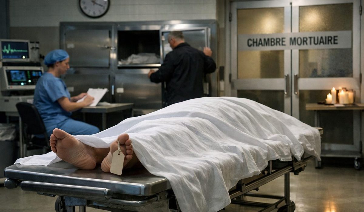 Chambre mortuaire à l’hôpital le week-end avec brancard recouvert et personnel hospitalier en arrière-plan