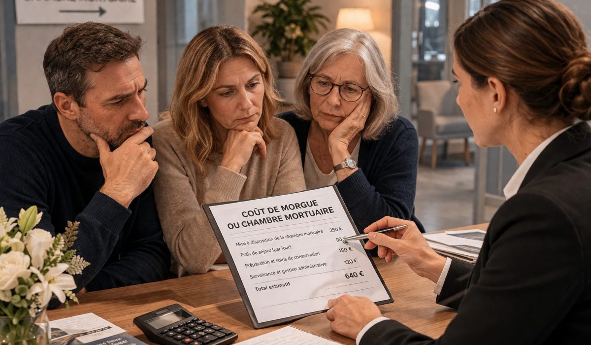 Famille reçue par un conseiller funéraire pour l’explication des frais de chambre mortuaire et des prestations funéraires