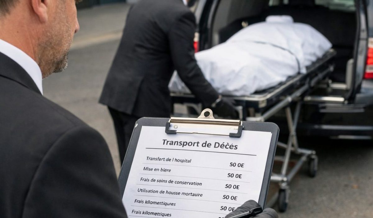 Pompes funèbres détaillant les frais de transport d’un défunt depuis l’hôpital devant un véhicule funéraire