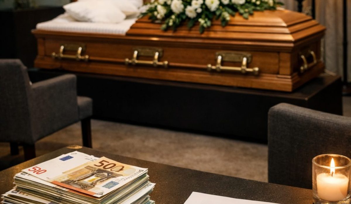 Chambre funéraire avec cercueil, fleurs et documents de budget illustrant le coût important de ce poste dans les obsèques