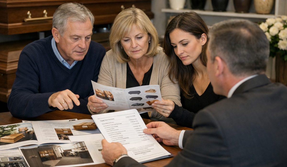 Famille comparant plusieurs offres de pompes funèbres et de chambre funéraire avec un conseiller funéraire