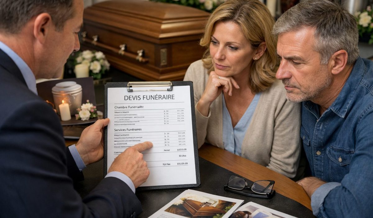 Conseiller funéraire présentant un devis transparent mêlant chambre funéraire et pompes funèbres à une famille en entretien
