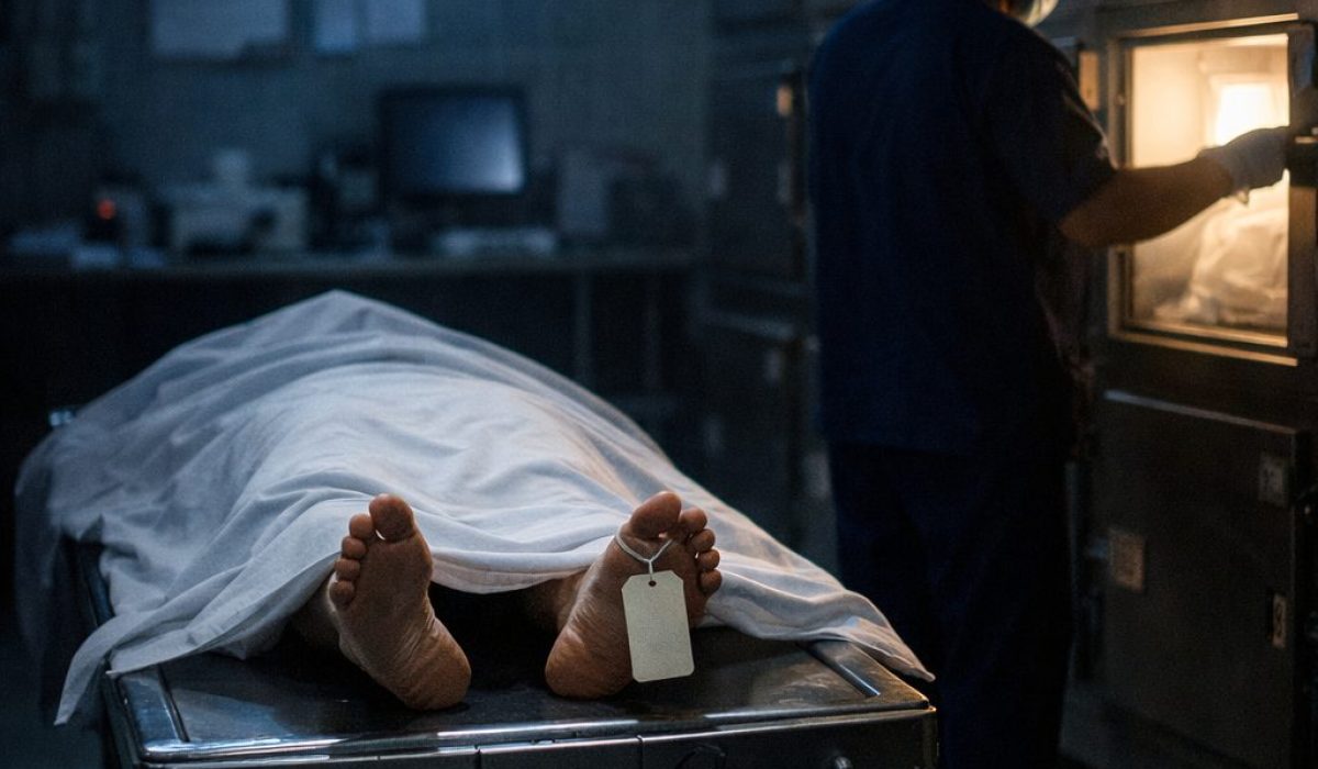 Salle de morgue la nuit avec un corps recouvert sur un chariot et un agent en train d’ouvrir un compartiment réfrigéré