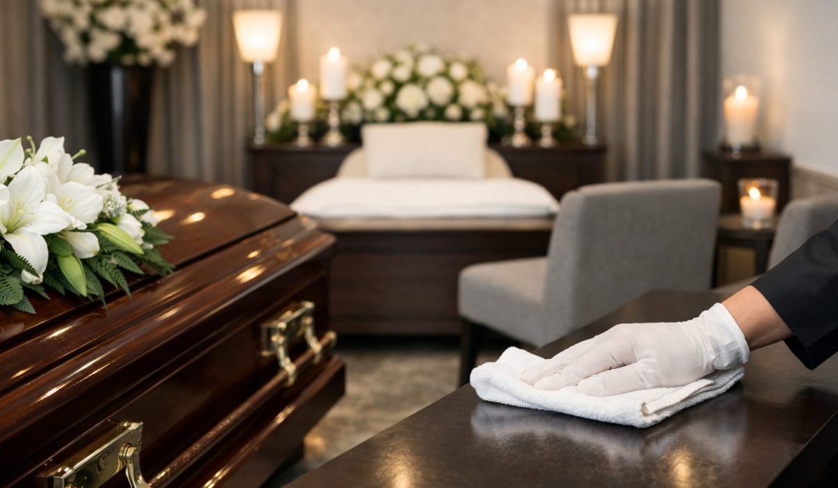 Détail de propreté dans une chambre funéraire avec surface désinfectée, mobilier soigné et espace de recueillement impeccable